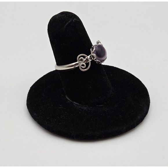 Amethyst Ring Silvertone Scrollwork Purple Stone Adjustable Boho Dainty Classic - Picture 5 of 11